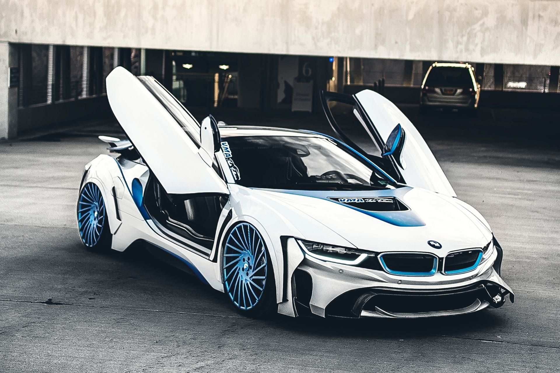 Spaceship In The Form Of The Car Custom White Bmw I8 With Blue