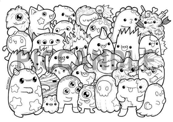 Monsters Doodle Coloring Page Printable Cute Kawaii Coloring