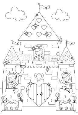 Outline Drawing Of Princesses At The Windows Of Their Fairy Tale