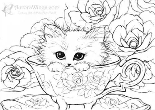 Kitten In A Teacup By Mitzi Sato Wiuff Coloring Pages Colouring