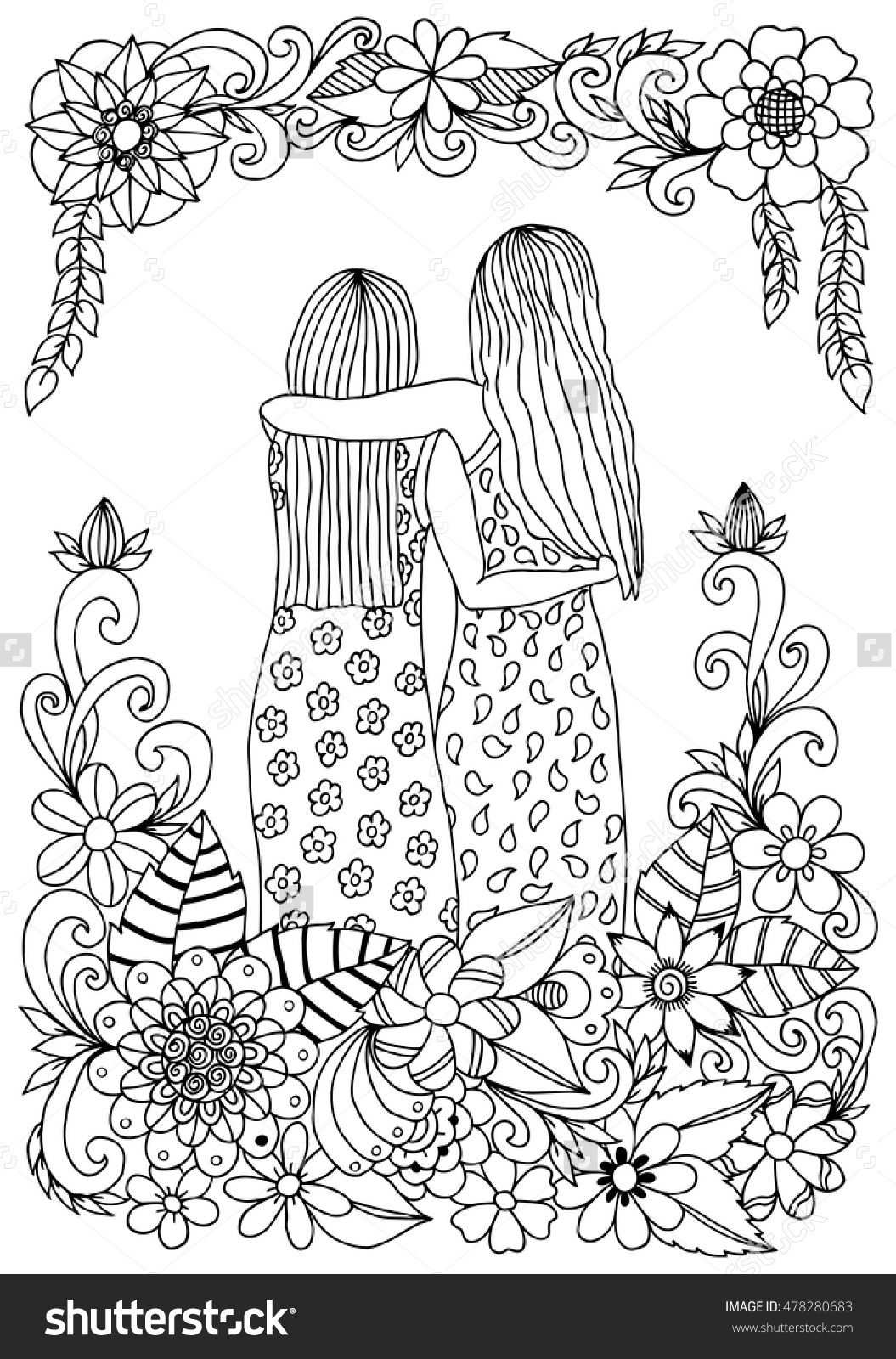 Zentangle Two Sisters Amongst Flowers Hugging Coloring Page