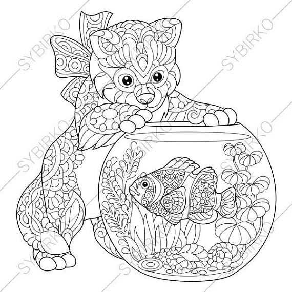 Coloring Pages For Adults Cat Fish Kitten Goldfish Clownfish