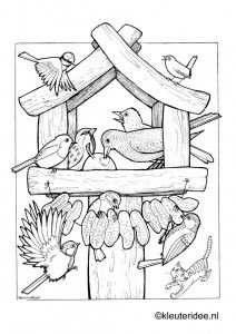 Kleurplaat Vogels Voeren Voederhuisje Kleuteridee Feeding