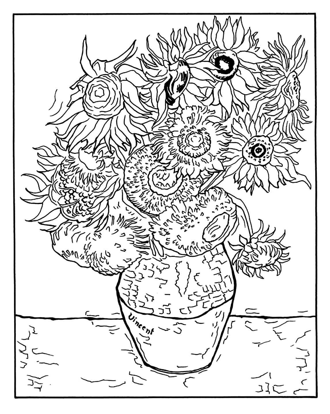 Vase With Twelve Sunflowers Masterpieces Coloring Pages For