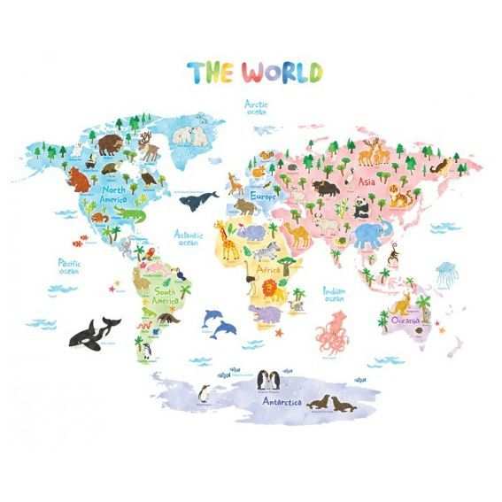Decowall Muursticker Wereldkaart Animal World Map Met