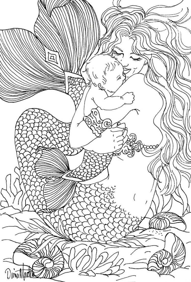 Free Coloring Page Coloring Adult Mermaid And Child Drawing By