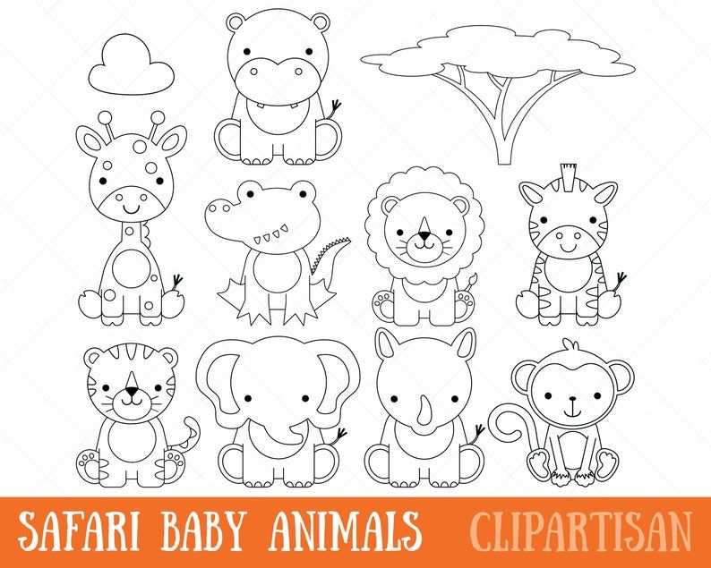 Safari Baby Dieren Clipart Digitale Stempels Kleurplaat Pagina