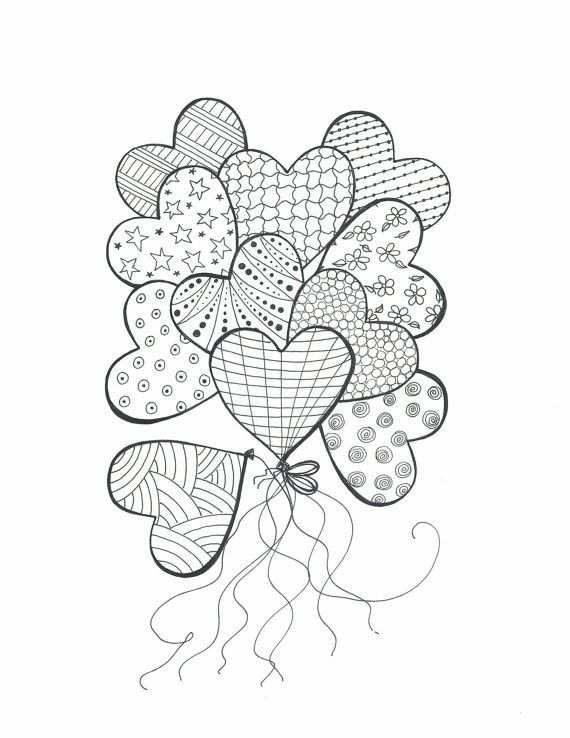 Drawing For Coloring Bouquet Of Heart Balloons Color In With
