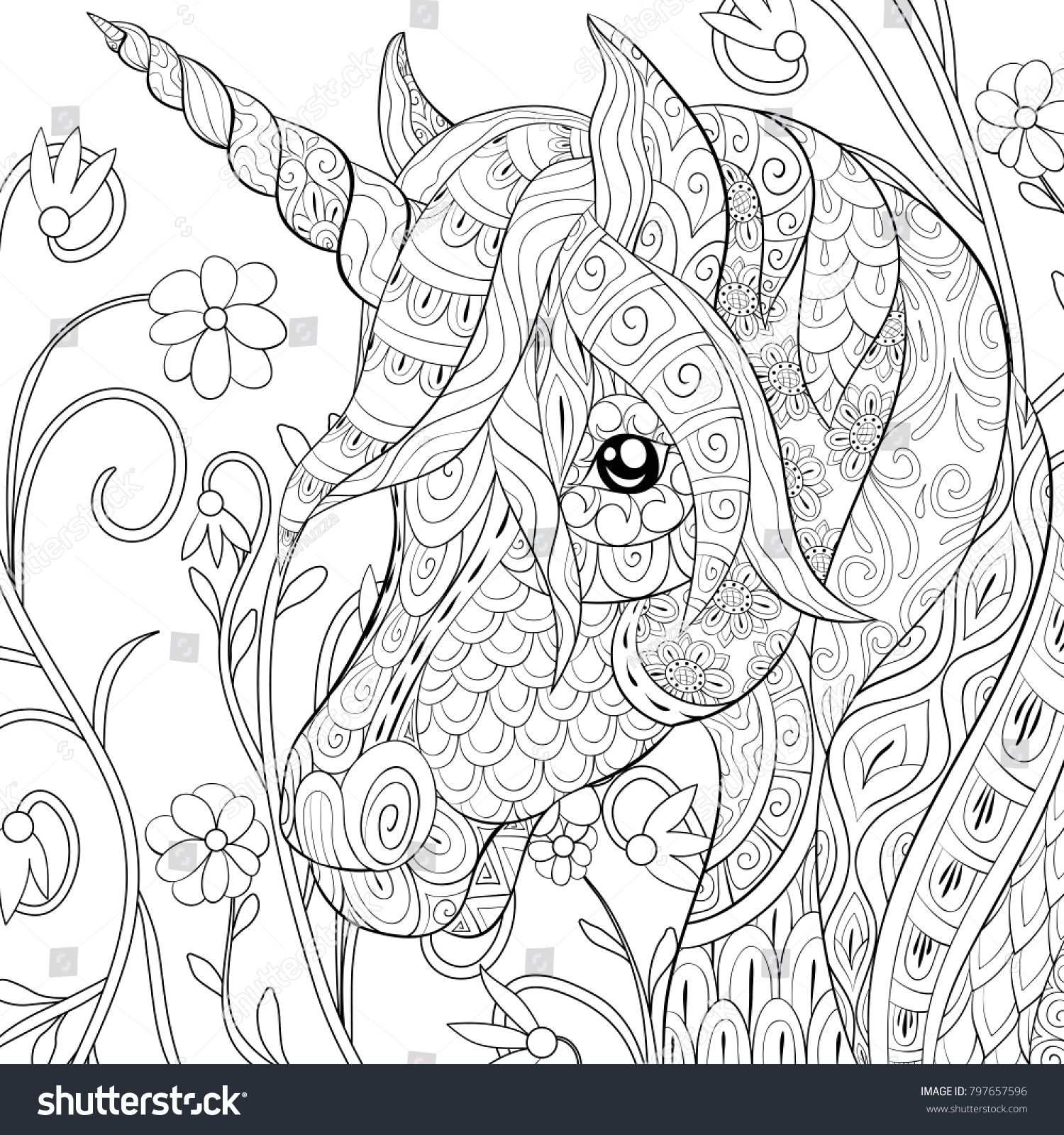 Adult Coloring Page Book A Cute Unicorn On The Floral Background